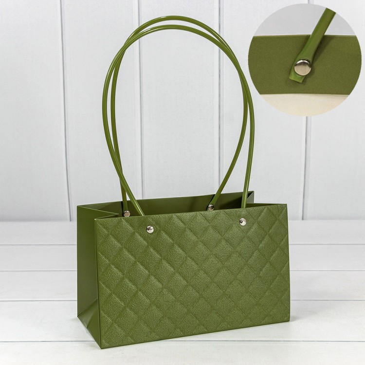 000174EA/27	Пакет подарочный "Ваза для цветов" 22*13,5*10,5 "Ромбы" Оливково-зелёный 1/10 1/120