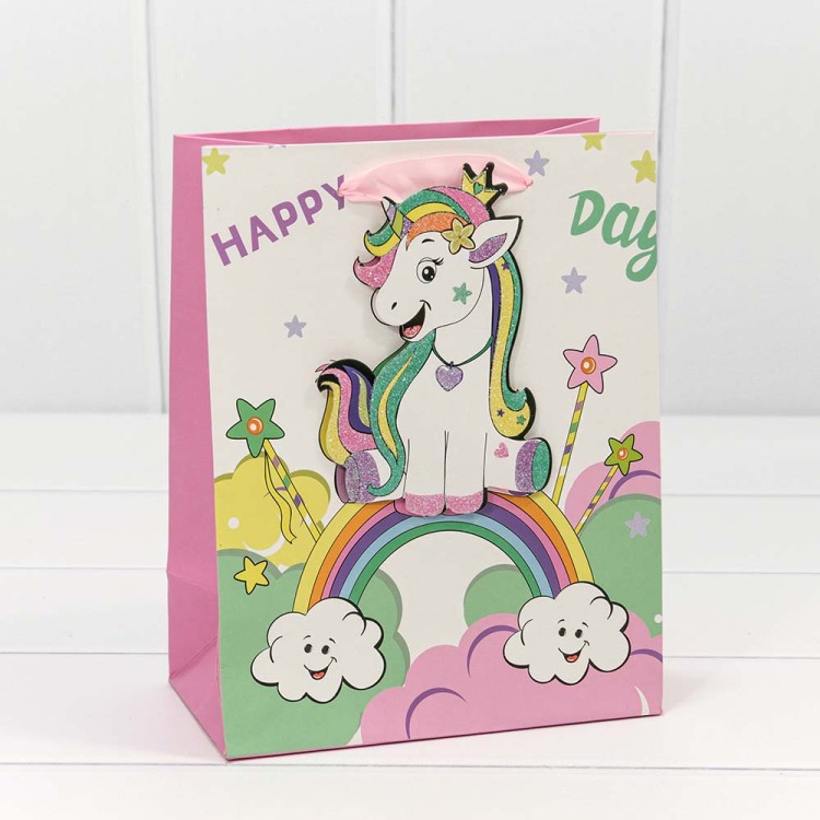 000303E Пакет подарочный с 3D аппликацией "Единорог" (микс) 18*23*10 1/20 1/360